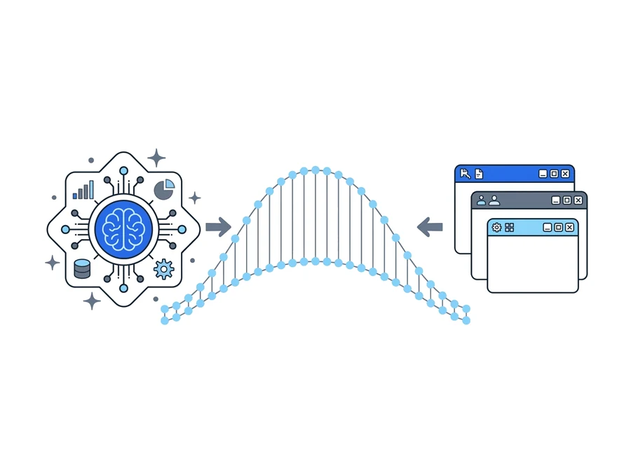 Un icono de inteligencia artificial conectado por un puente de puntos a tres ventanas de programas de escritorio